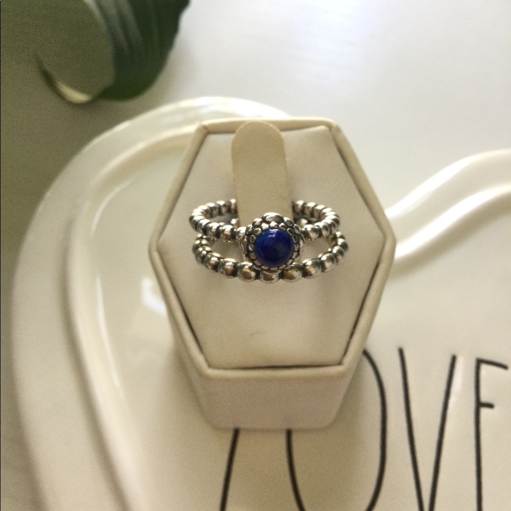 PANDORA DOUBLE RINGS SILVER BLUE STONE - Picture 1 of 3